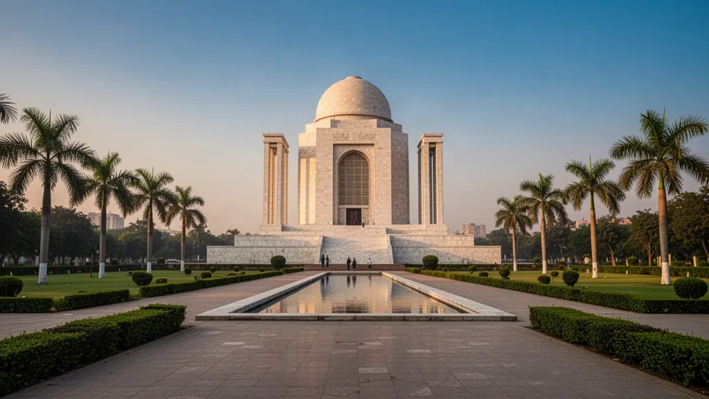 Mausoleo blanco de mármol Mazar-e-Quaid en Karachi, Sindh, Pakistán, resplandeciendo bajo la luz de la hora dorada con jardines bordeados de palmeras y un estanque reflectante