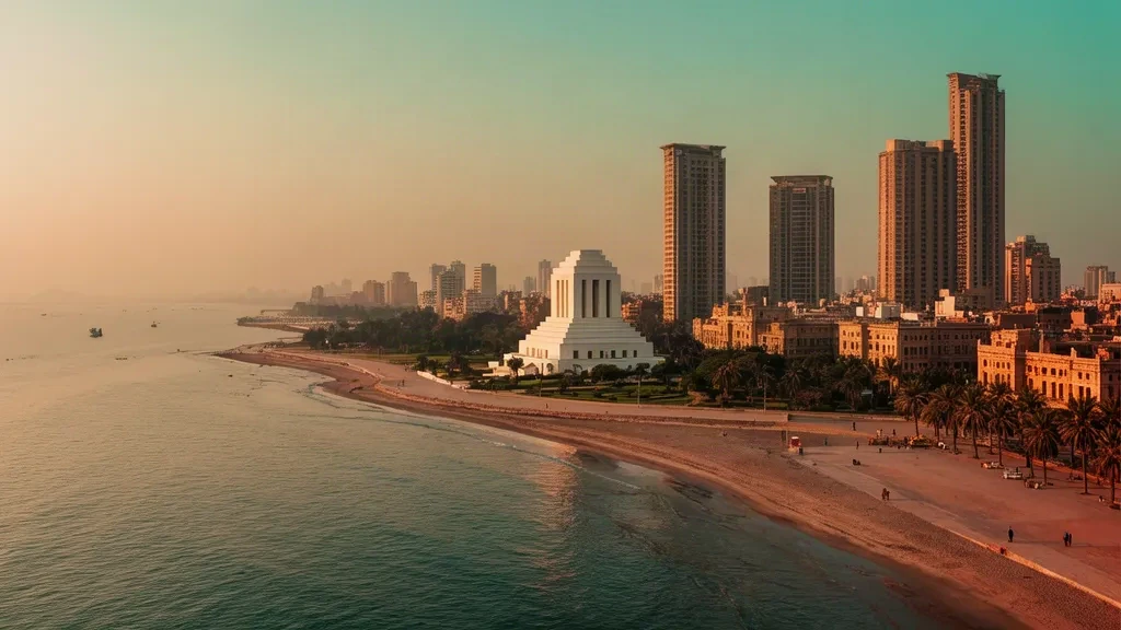 Horizon de Karachi dans le Sind, au Pakistan, à l'heure dorée, avec le mausolée Mazar-e-Quaid en marbre blanc et le littoral de la mer d'Arabie