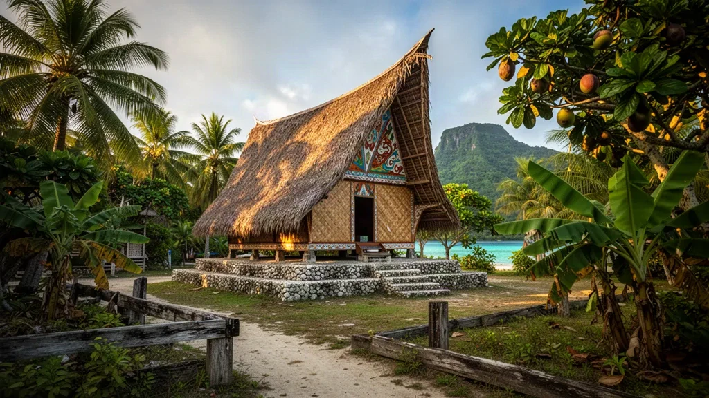 Traditionelles palauisches Bai-Versammlungshaus mit Strohdach, umgeben von tropischen Palmen in Airai, Insel Babeldaob, Palau