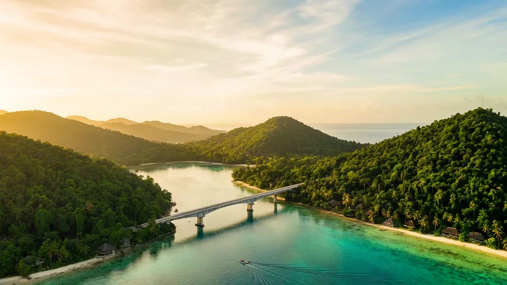 Airai, Palau'da turkuaz suların üzerindeki Japan-Palau Dostluk Köprüsü'nün altın saatlerde gür tropikal ormanla çevrili havadan görünümü