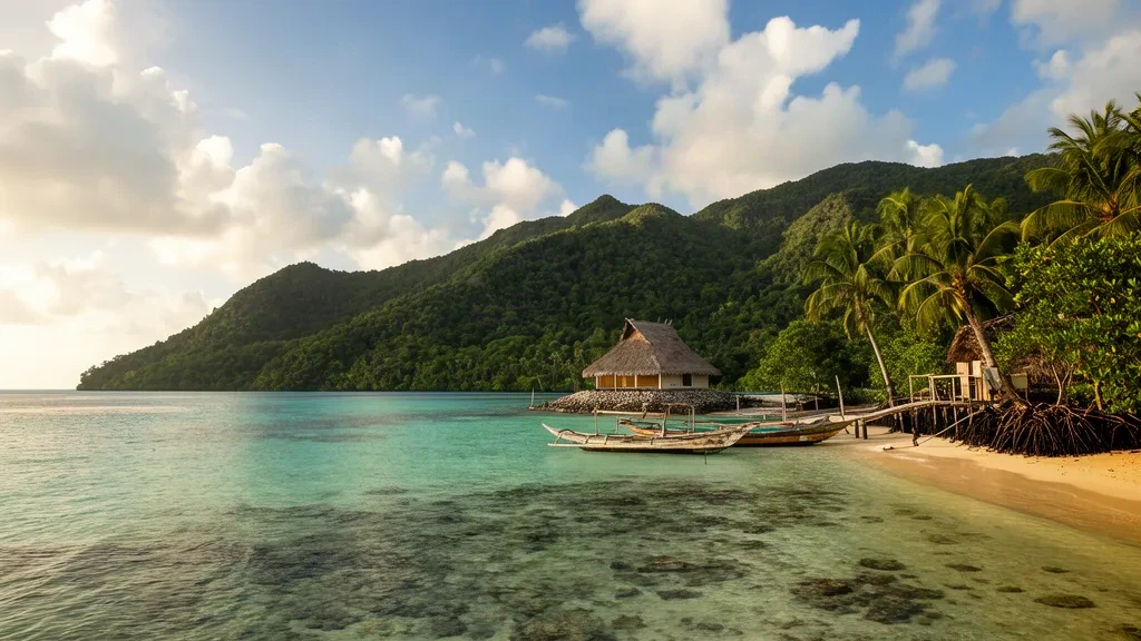 Turquoise lagoon, mangrove shoreline and lush Babeldaob hills with a traditional bai at Ngiwal, Palau, in warm afternoon light