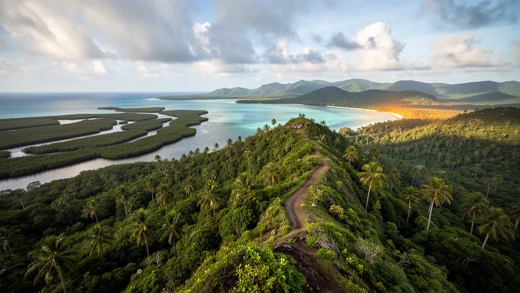 Üppige Regenwaldhügel und eine von Mangroven gesäumte Lagune des Staates Ngeremlengui auf der Insel Babeldaob, Palau, in warmem Nachmittagslicht