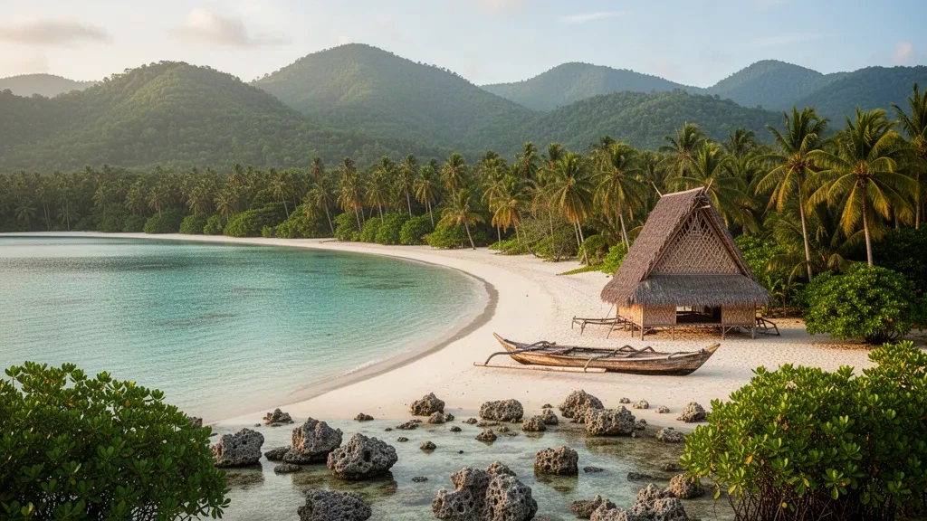 Turquoise lagoon, white sand beach and jungle-covered hills along the coast of Ngiwal in Palau