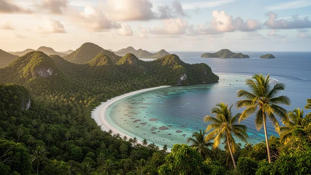 Türkisfarbene Lagune und dschungelbedeckte Kalksteinkämme entlang der tropischen Küste der Insel Peleliu, Palau
