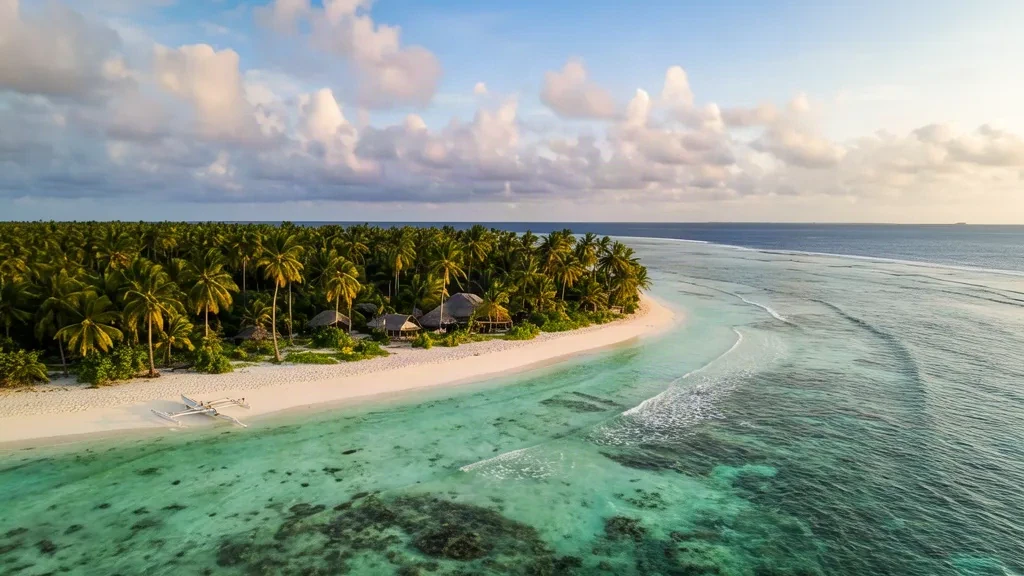 Vista aérea de una isla de Sonsorol cubierta de palmeras en Palaos, con una laguna turquesa, playa de arena blanca y arrecife de coral durante la hora dorada
