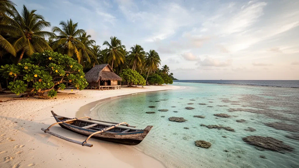 Plage de sable blanc, lagon turquoise et cocotiers sur l'île isolée de Sonsorol, dans les îles du Sud-Ouest des Palaos
