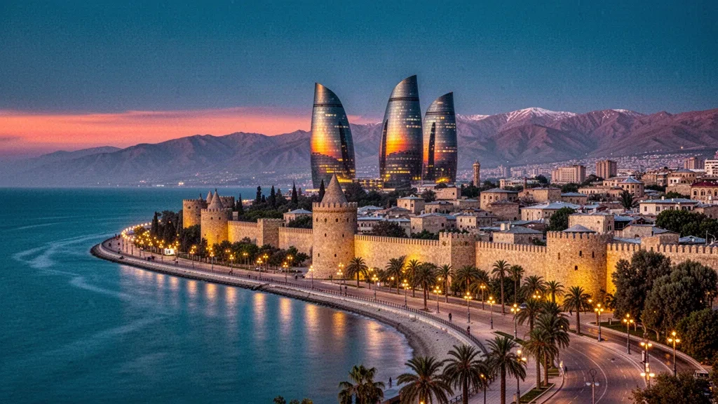 Baku, Azerbaijan at dusk with the illuminated Flame Towers rising behind the ancient Old City walls and the Caspian Sea waterfront