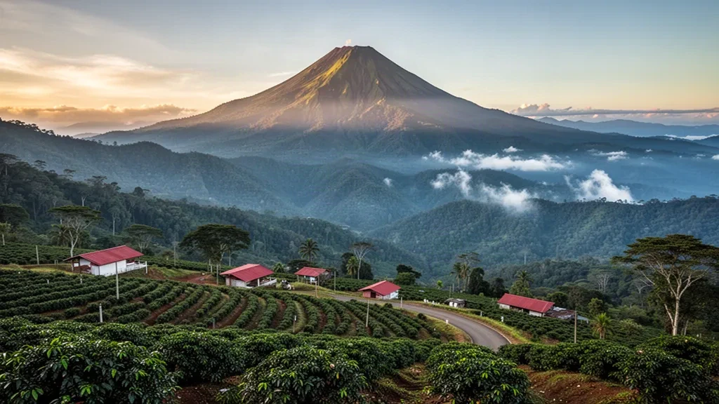 Alba sul Volcán Barú e piantagioni di caffè terrazzate nelle zone montane di Chiriquí, Panama