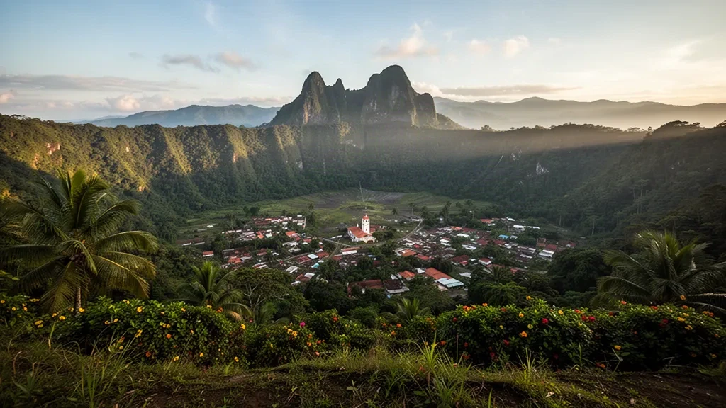 Vista all'ora d'oro su El Valle de Antón nella provincia di Coclé, Panama, con la cresta di La India Dormida sopra la verde valle vulcanica
