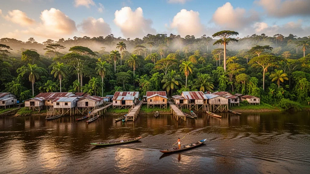 Casas de madera sobre pilotes y canoas talladas a lo largo del río Tuira en La Palma, Darién, Panamá, enmarcadas por una densa selva tropical