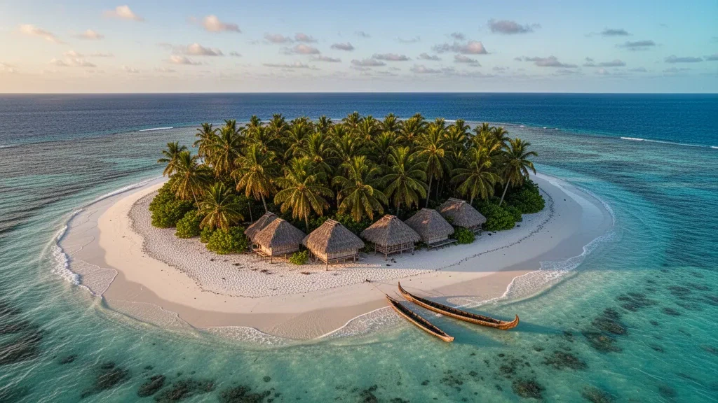 Palm-covered islet with traditional Guna thatched huts and a dugout canoe in the turquoise water of Guna Yala, San Blas Islands, Panama