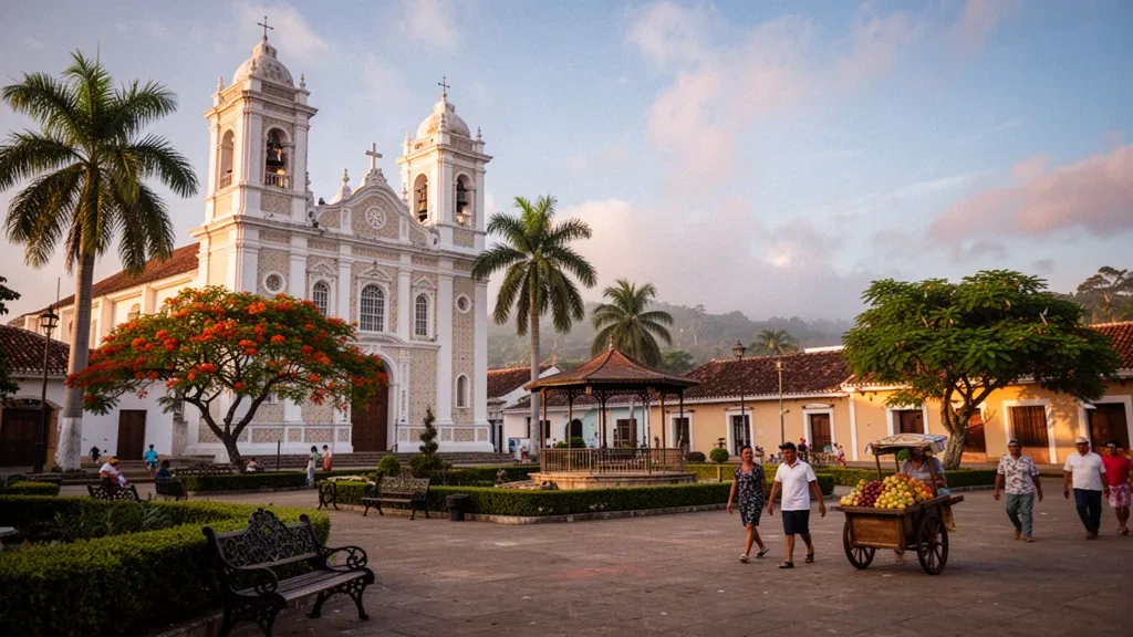 Catedral encalada y plaza del pueblo bordeada de palmeras en Chitré, Provincia de Herrera, Panamá, resplandeciendo con la cálida luz de la hora dorada