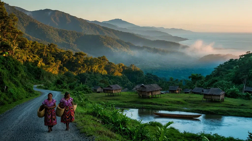 Nebelige Regenwaldkämme und ein Ngöbe-Dorf mit Strohdächern in der Comarca Ngöbe-Buglé in Panama bei goldenem Sonnenaufgang