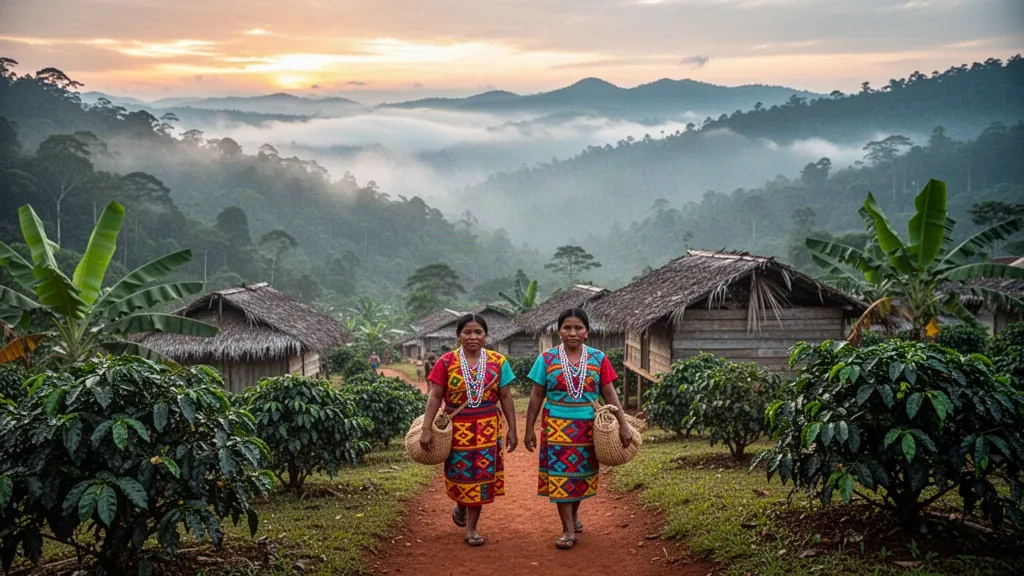 Mujeres ngäbe con vestimenta tradicional colorida en un sendero de montaña neblinoso en las tierras altas de la Comarca Ngäbe-Buglé de Panamá