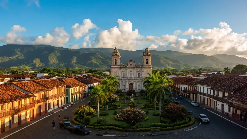Luz del final de la tarde sobre Santiago de Veraguas, Panamá, con su catedral y la plaza central bordeada de palmeras enmarcadas por colinas tropicales verdes.