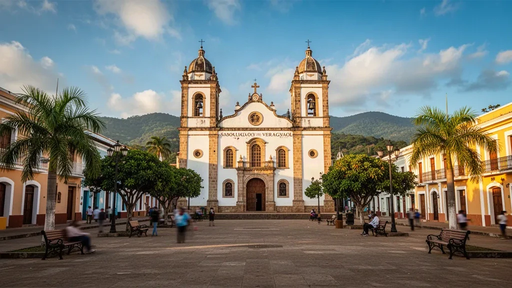 La Catedral Santiago Apóstol y la plaza central de Santiago de Veraguas, Panamá, brillan con la luz dorada del atardecer y montañas tropicales al fondo.