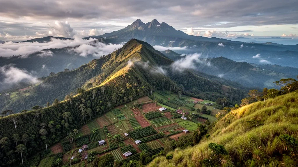 Green highland ridges and misty valleys of Chimbu Province near Kundiawa, Papua New Guinea, with Mount Wilhelm on the horizon
