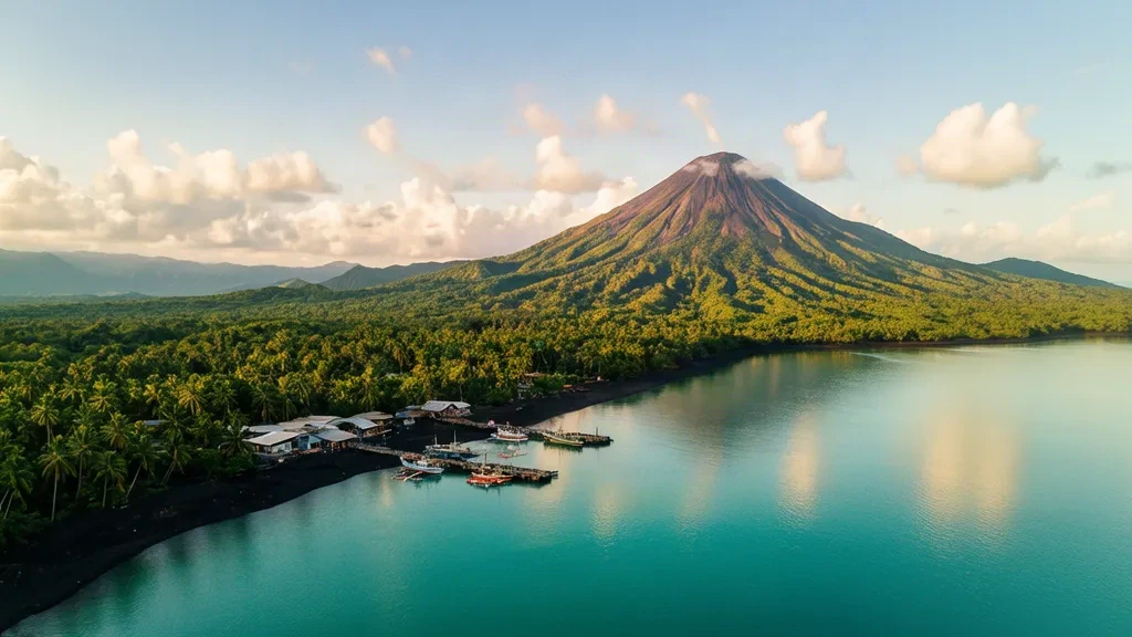Vista aérea del puerto de Rabaul, el volcán Tavurvur y la costa de Kokopo en Nueva Bretaña Oriental, Papúa Nueva Guinea, a la hora dorada