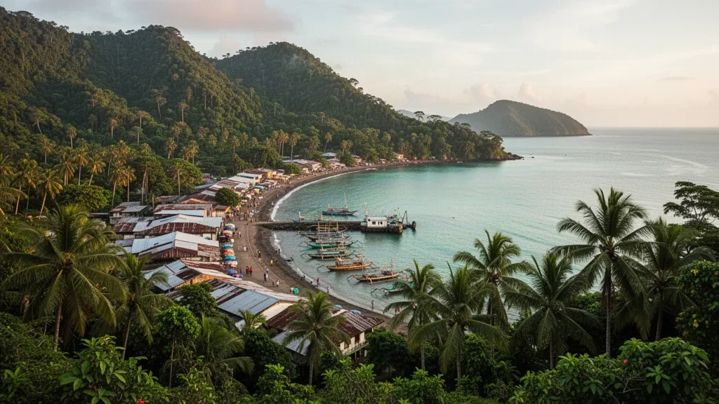 Port de Wewak sur la mer de Bismarck, capitale côtière de la province du Sepik oriental, Papouasie-Nouvelle-Guinée, entourée de collines de forêt tropicale