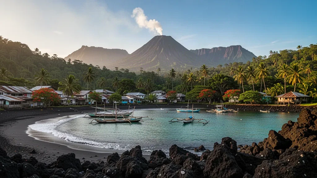 Altın saatte Blanche Bay'ın üzerinde tüten Tavurvur yanardağı ile Doğu Yeni Britanya, Papua Yeni Gine'deki Kokopo sahil şeridi