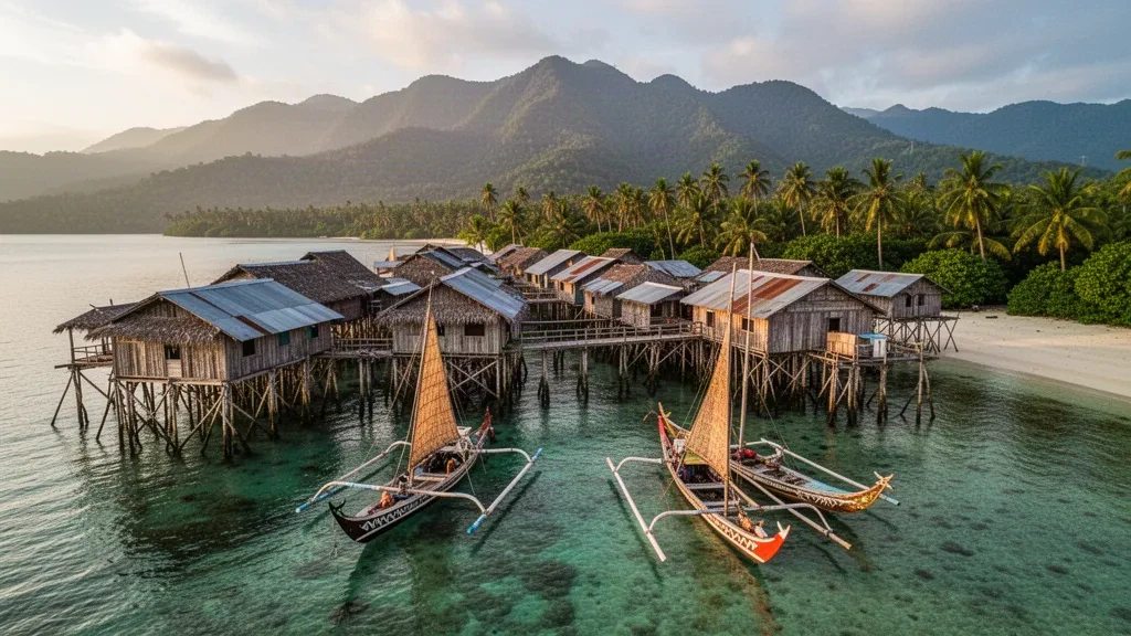 Traditionelles Pfahldorf und Auslegerkanus an der Küste der Central Province, Papua-Neuguinea, im Hintergrund bewaldete Berge