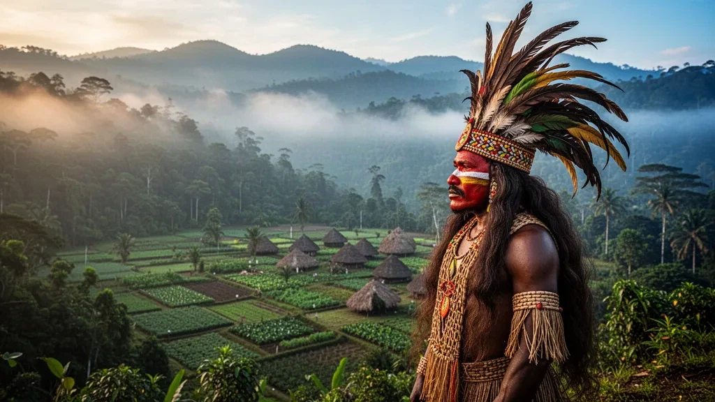Misty highland valley of Tari in Hela Province, Papua New Guinea, with a Huli wigman in traditional ceremonial dress at sunrise