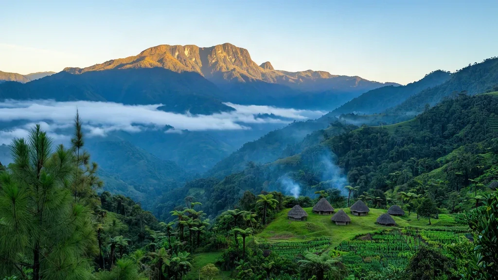 Sonnenaufgang mit Nebel über dem Tari-Tal mit traditionellen Hochlandhütten und dem Mount Sisa in der Provinz Hela, Papua-Neuguinea