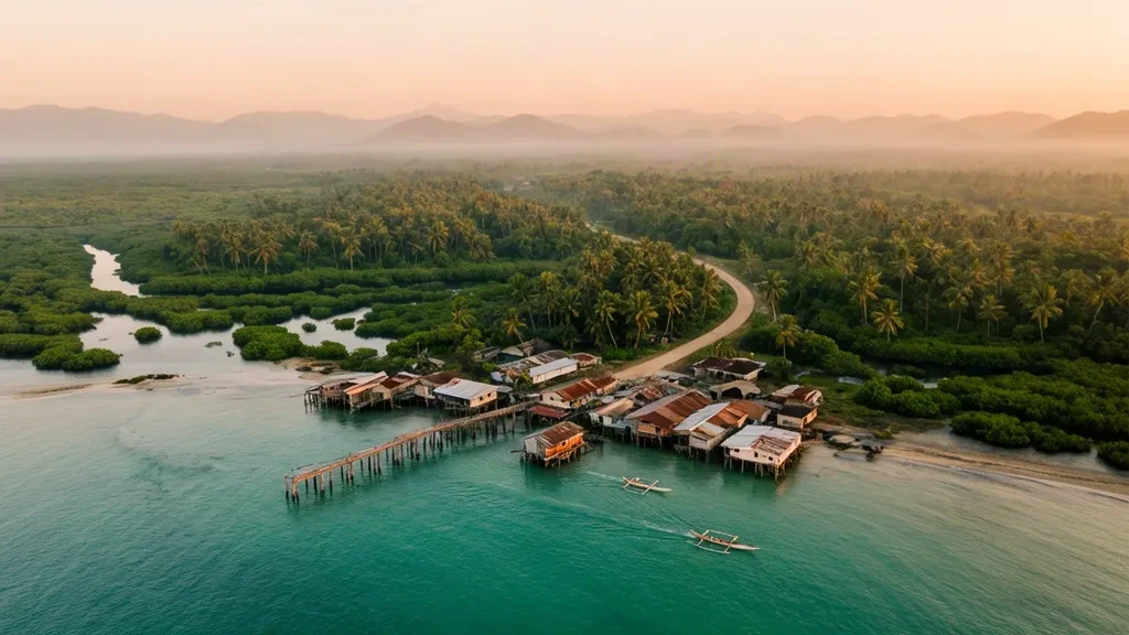 Aerialansicht der Pfahlbauten, Kanus und Mangroven von Kerema zur goldenen Stunde an der Küste des Golf von Papua in Papua-Neuguinea