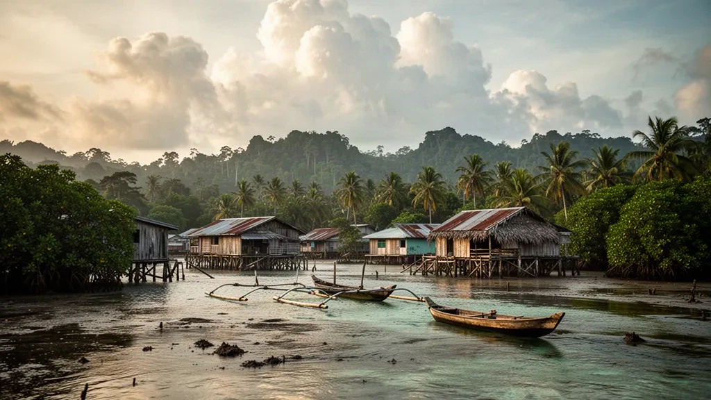 Vue côtière de Kerema dans la province du Golfe, en Papouasie-Nouvelle-Guinée, avec des maisons sur pilotis et des pirogues à balancier sur le littoral du golfe de Papouasie