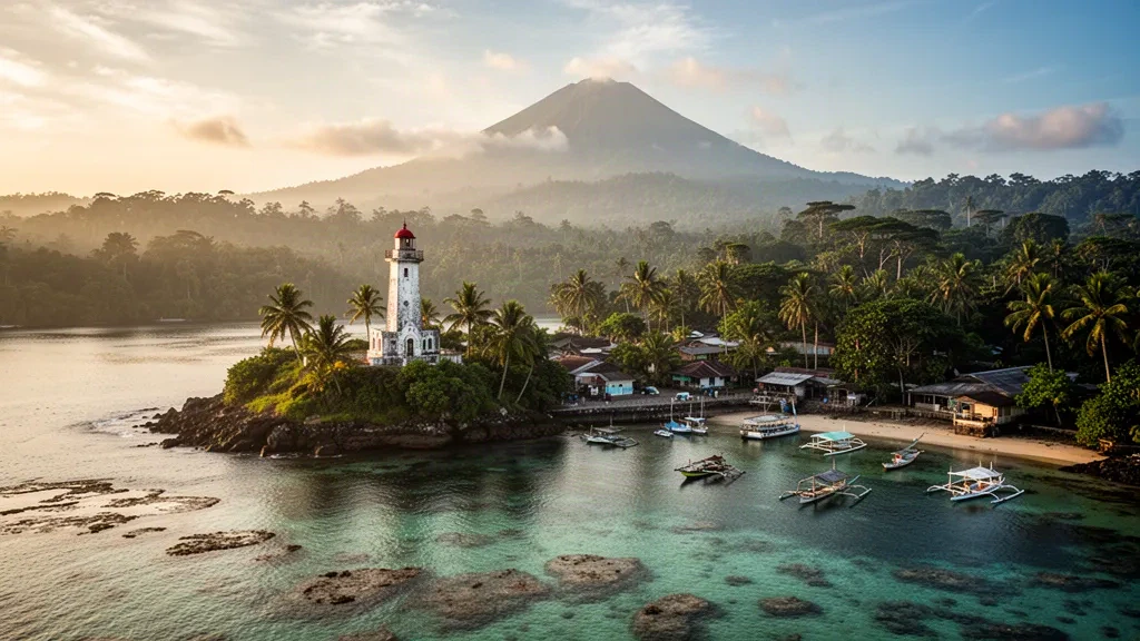 Vista durante la hora dorada del puerto de Madang en Papúa Nueva Guinea con el faro conmemorativo costero, canoas de balancín y picos volcánicos brumosos