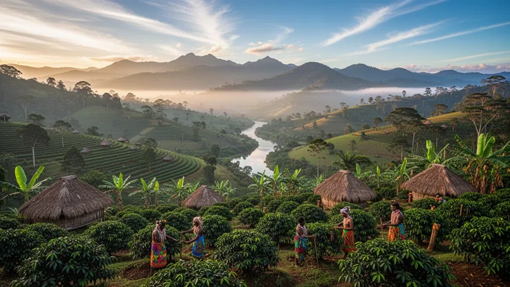 Ampia vista della Valle del Waghi nella Provincia di Jiwaka, Papua Nuova Guinea, con piantagioni di caffè, capanne tradizionali e montagne nebbiose.
