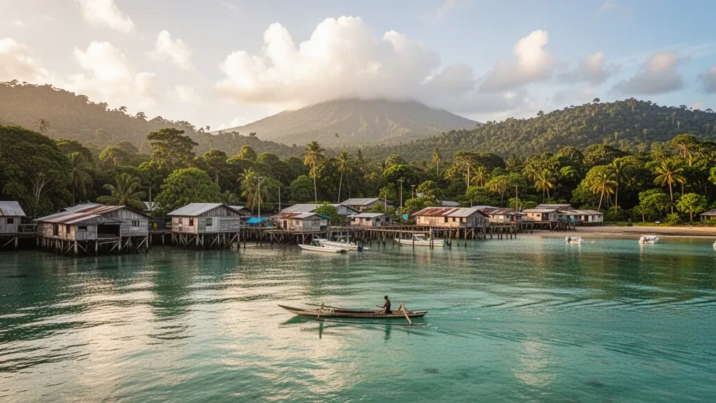 Vista al atardecer del puerto de Lorengau en la isla de Manus, Papúa Nueva Guinea, con casas sobre pilotes, canoas con balancín y colinas de selva tropical