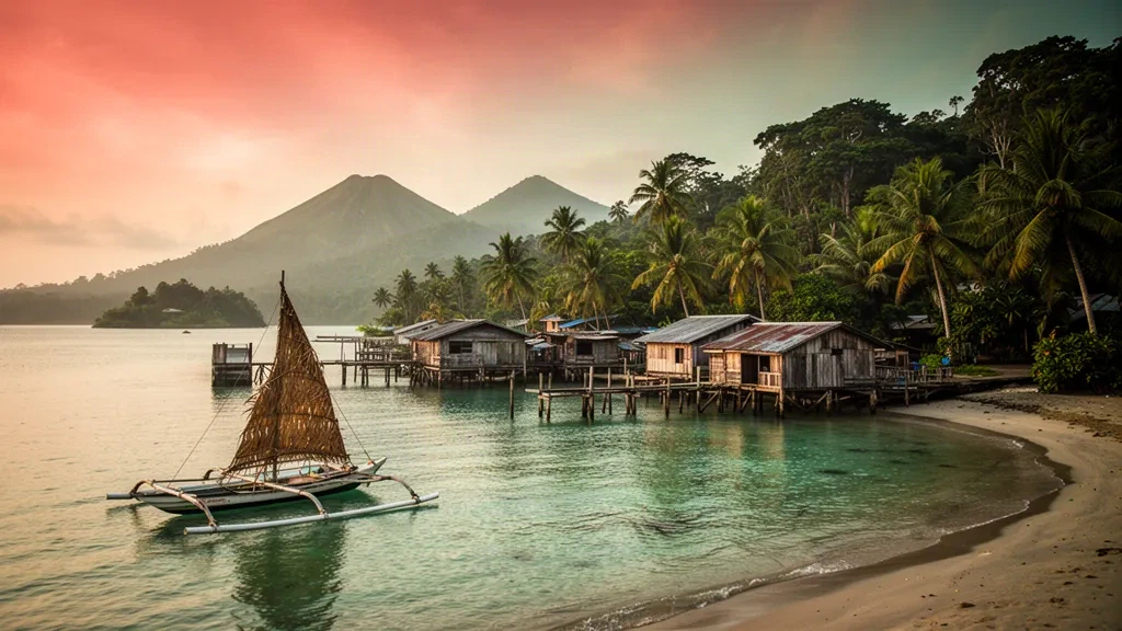Vista a la hora dorada de la laguna del paseo marítimo de Kavieng, casas sobre pilotes y canoa con balancín en la Provincia de Nueva Irlanda, Papúa Nueva Guinea