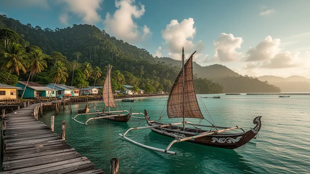 Canoe tradizionali a bilanciere sul calmo lungomare turchese di Alotau a Milne Bay, Papua Nuova Guinea, incorniciate da colline di foresta pluviale
