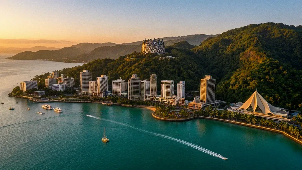 Vista aérea del horizonte de Port Moresby y el puerto de Fairfax con colinas tropicales verdes durante la hora dorada