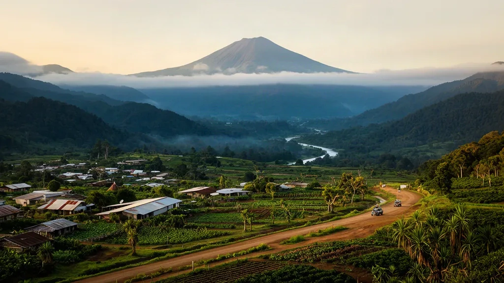 Mendi town in Papua New Guinea's Southern Highlands, green highland valley and Mount Giluwe under morning mist