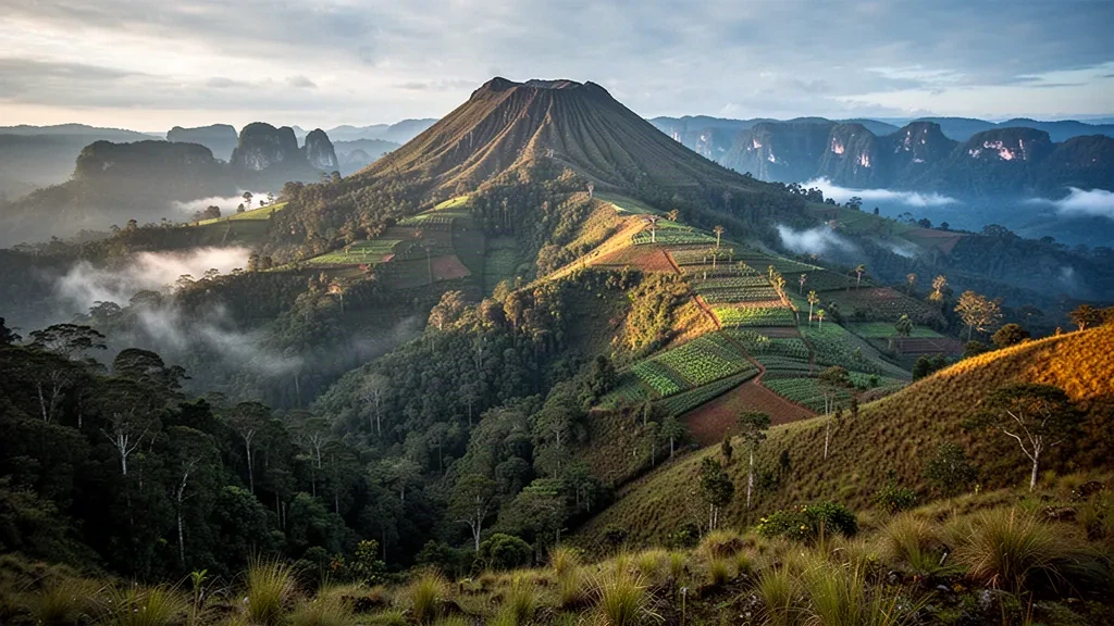 Mount Giluwe, der im Morgengrauen über nebligen, bewaldeten Tälern im Southern Highlands von Papua-Neuguinea aufragt
