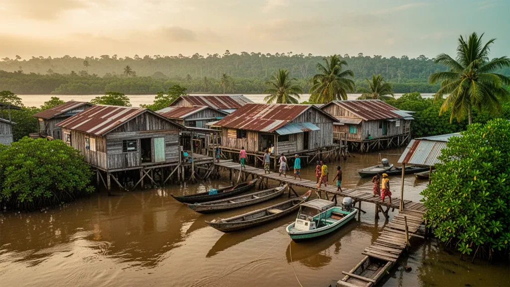 Stilt houses, canoes and a jetty on the waterfront of Daru, Western Province, Papua New Guinea
