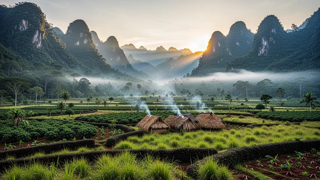 Morgennebel über Kaffeegärten und strohgedeckten Hochlandhütten im Wahgi-Tal bei Mount Hagen, Western Highlands Province, Papua-Neuguinea