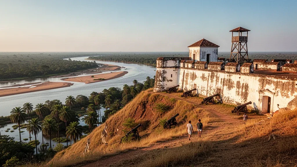 Hilltop fortress of Fuerte Olimpo overlooking the Paraguay River in Alto Paraguay, Paraguay, in warm golden-hour light