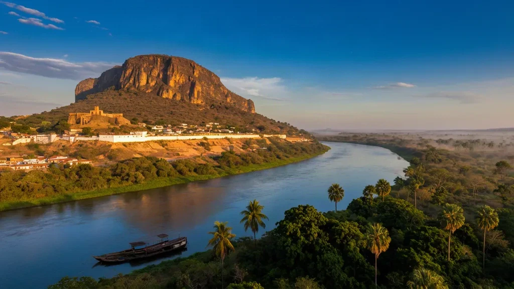 Collina di Fuerte Olimpo e il fiume Paraguay durante l'ora d'oro ad Alto Paraguay, fortezza storica sopra le zone umide del Chaco e città lungo il fiume