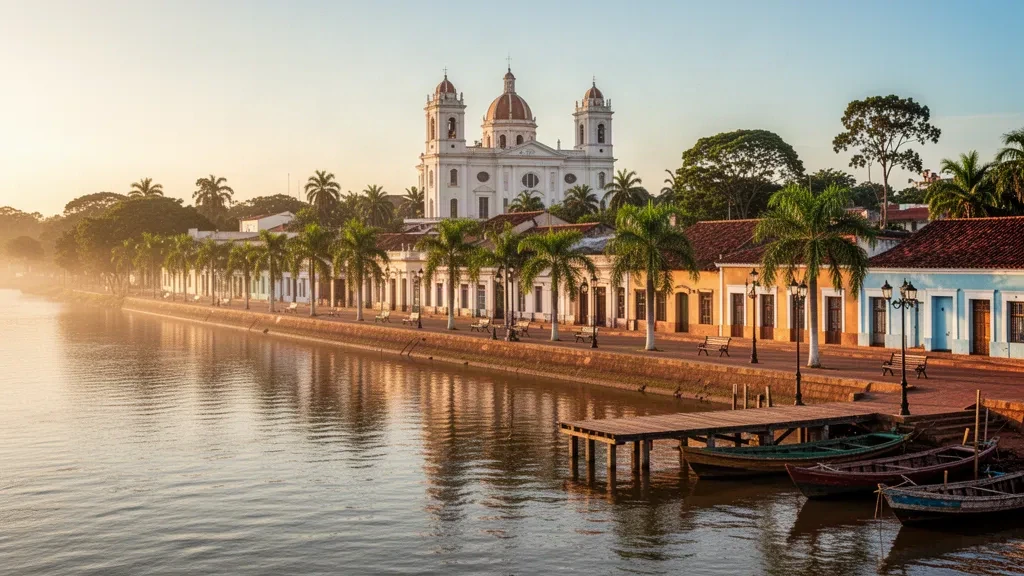 Vista de Concepción, Paraguay, durante la hora dorada desde el río Paraguay, con las torres blancas de la catedral elevándose sobre los tejados de terracota