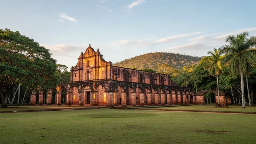 Ruines de grès rouge de la mission jésuite de Trinidad à Itapúa, au Paraguay, encadrées par une végétation subtropicale dans une lumière chaude d'après-midi