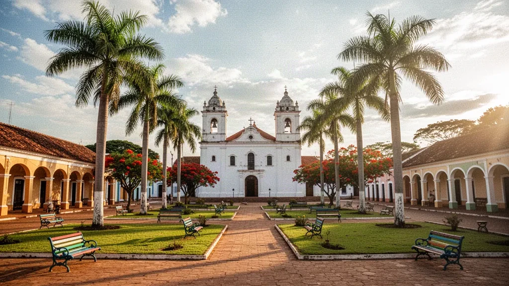 Whitewashed cathedral and palm-lined central plaza in San Juan Bautista, Misiones Department, Paraguay, in warm late-afternoon light.