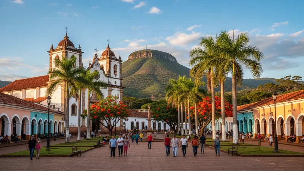 Église coloniale et place animée à Paraguarí, au Paraguay, avec le Cerro Paraguarí s'élevant en arrière-plan sous une lumière chaude d'après-midi.
