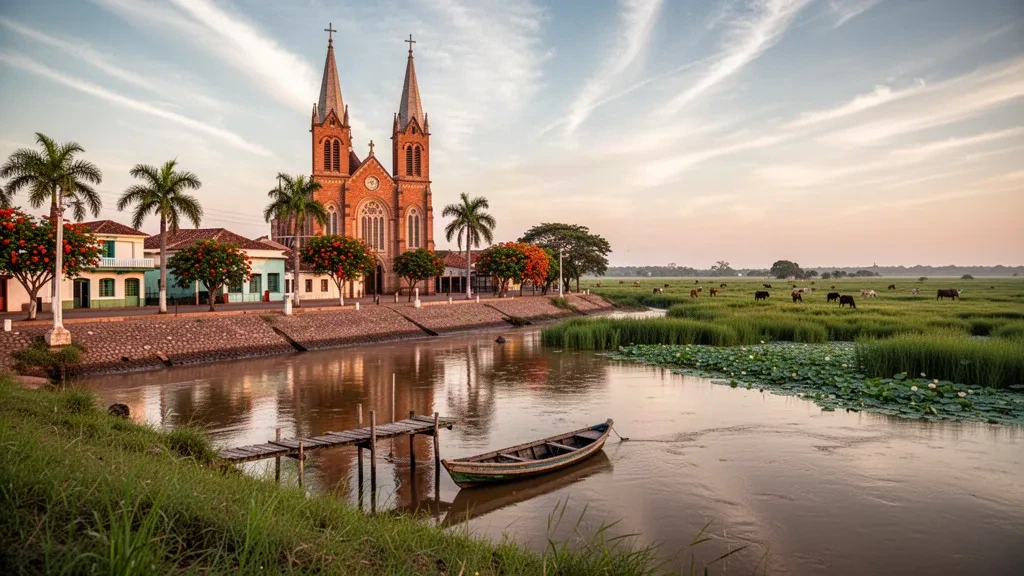 Neo-Gothic basilica and riverfront promenade in Pilar, capital of Ñeembucú, Paraguay, glowing at golden hour