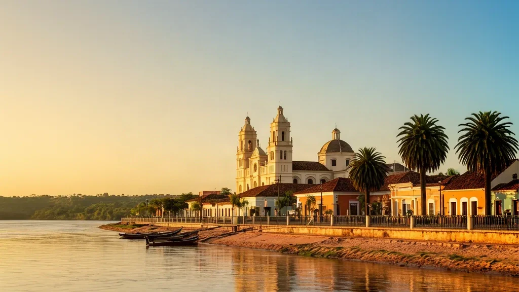Pilar, Ñeembucú : la basilique riveraine aux deux tours et le front de mer historique le long du fleuve Paraná à l'heure dorée au Paraguay.