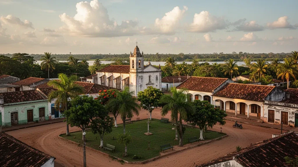 Vue à l'heure dorée de la place, de l'église et des toits de tuiles rouges de San Pedro de Ycuamandiyú, capitale du département de San Pedro, au Paraguay