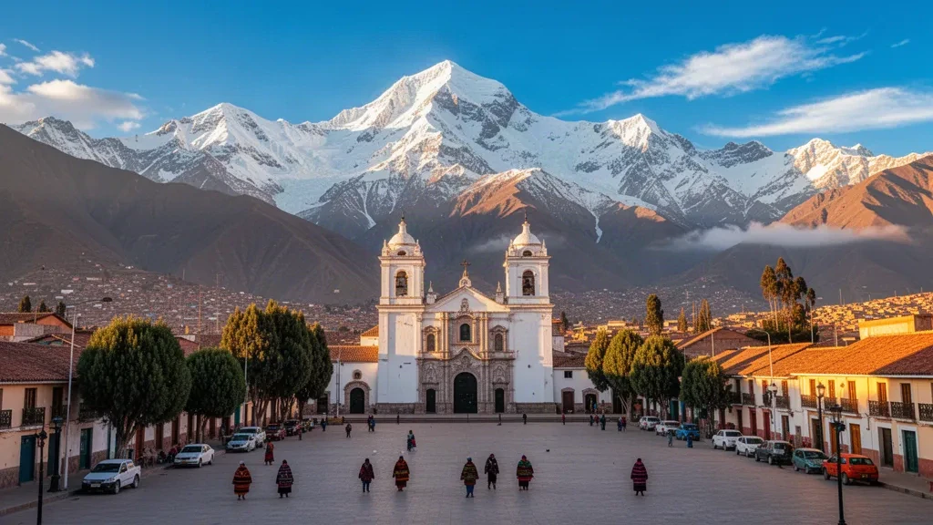 Huaraz Plaza de Armas in Áncash, Peru, with the snow-capped Cordillera Blanca peaks rising behind the Andean city