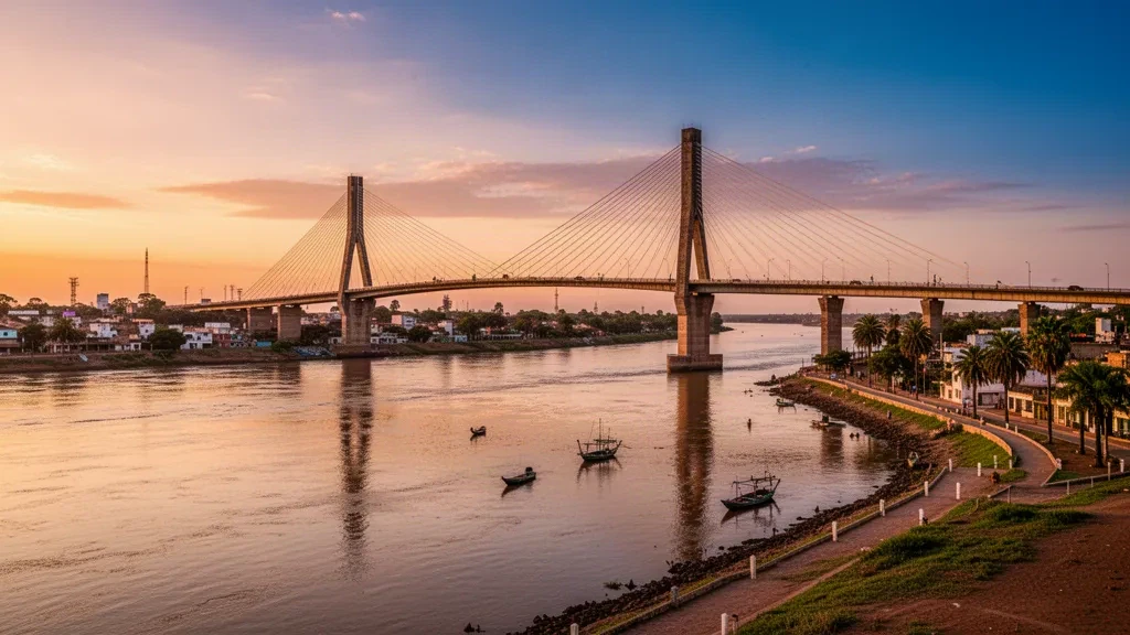 Ponte Puente Remanso sul fiume Paraguay durante l'ora d'oro a Villa Hayes, Presidente Hayes, Paraguay